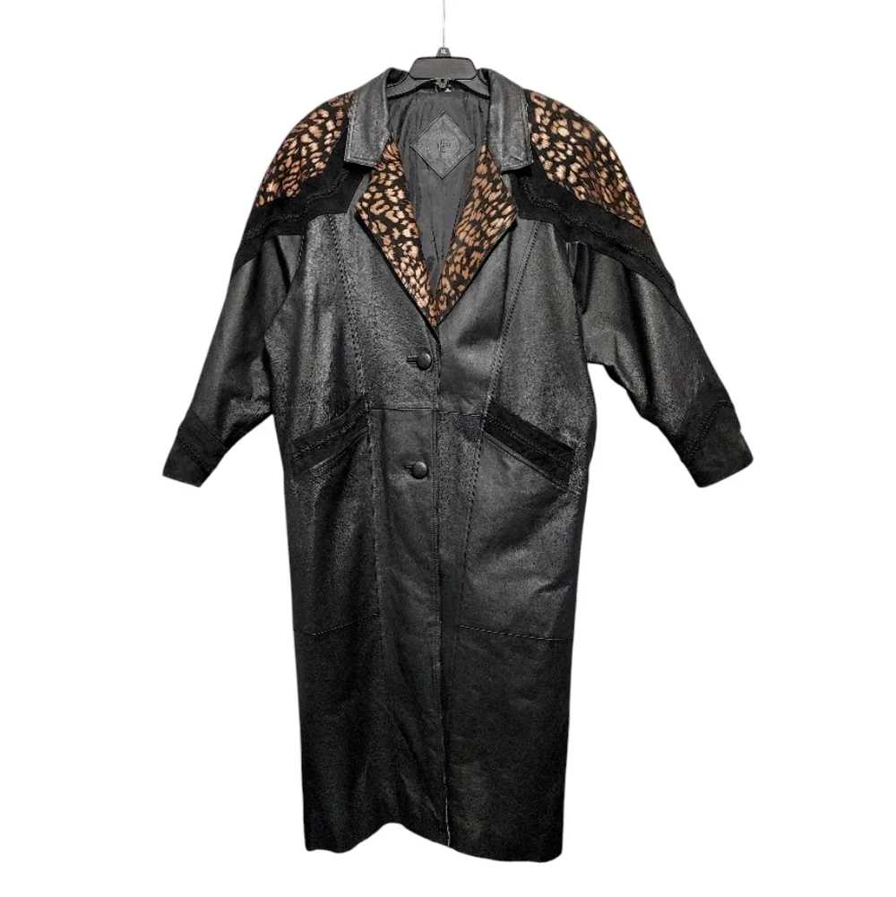 Vintage 80s JF J Ferrar Black Leopard Print Leather Suede Trench Coat Size Large - Picture 3 of 13